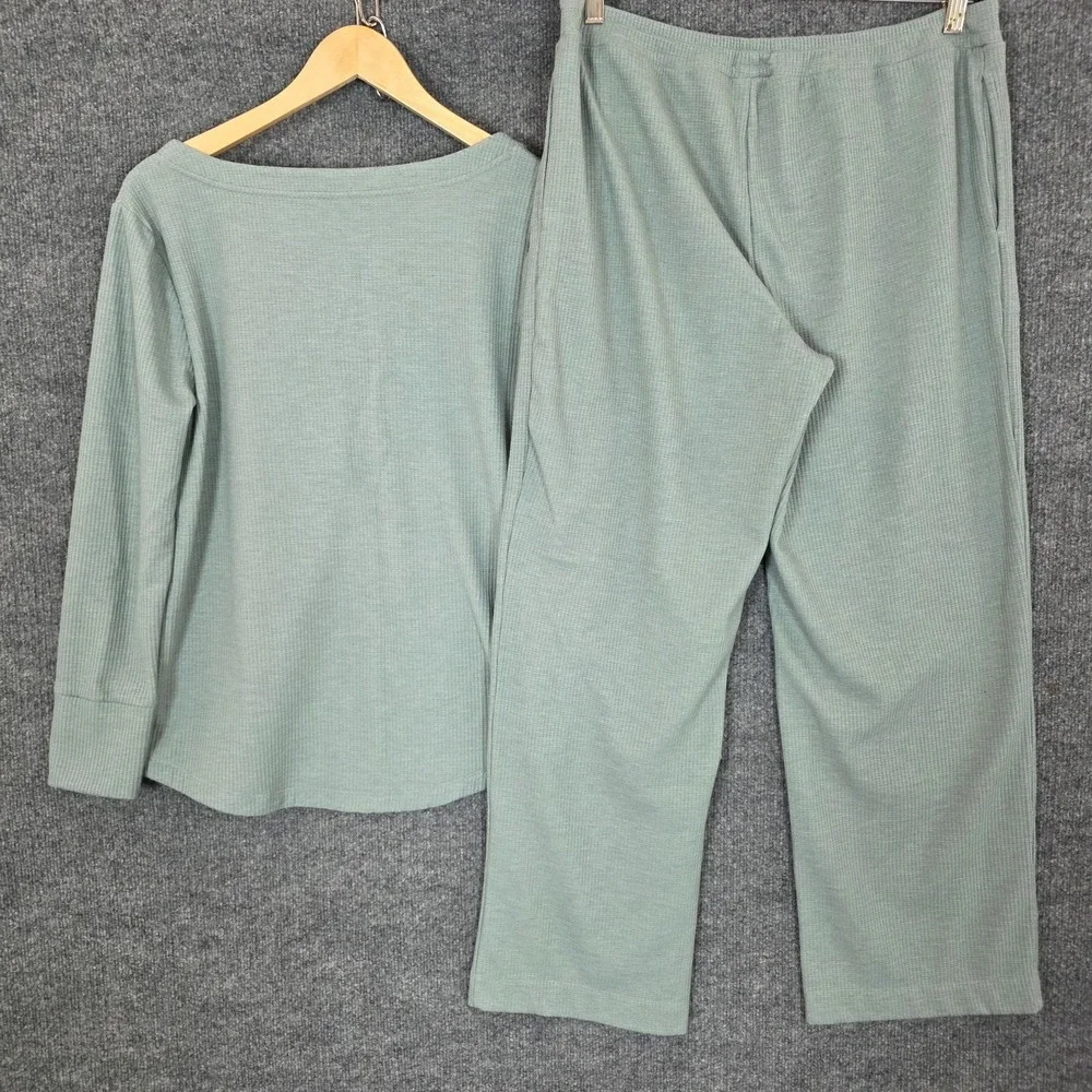 Soma Pajamas Set L Green Waffle Knit Henley‎ Thermal Top Pants Lounge Sleepwear